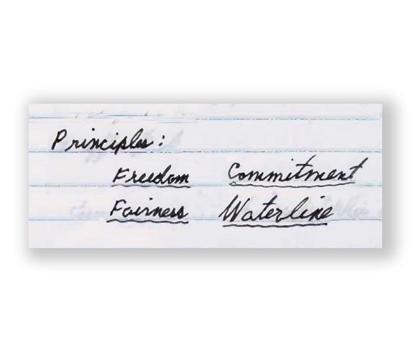 Una imagen que muestra los cuatro principios de Gore: libertad, justicia, compromiso y línea de flotación