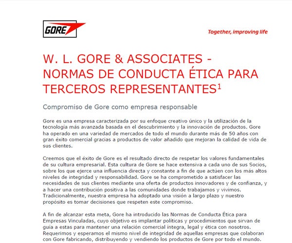 Standards of ethical conduct for third party representatives document in Spanish