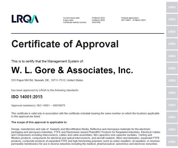 La primera página del certificado ISO14001.