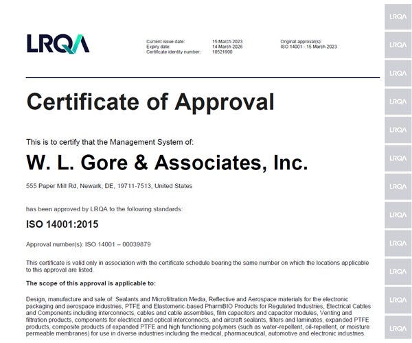 The first page of the ISO14001 certificate.