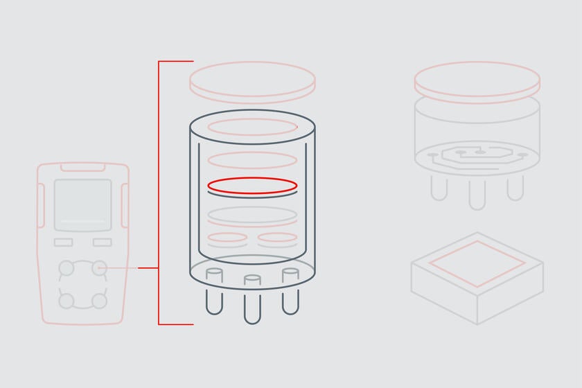 La infografía muestra la membrana del electrodo de trabajo en un sensor de gas electroquímico.