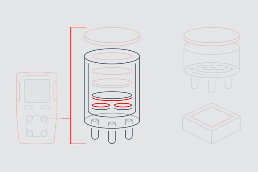 La infografía resalta la membrana del electrodo de referencia y contraelectrodo en un sensor de gas electroquímico.