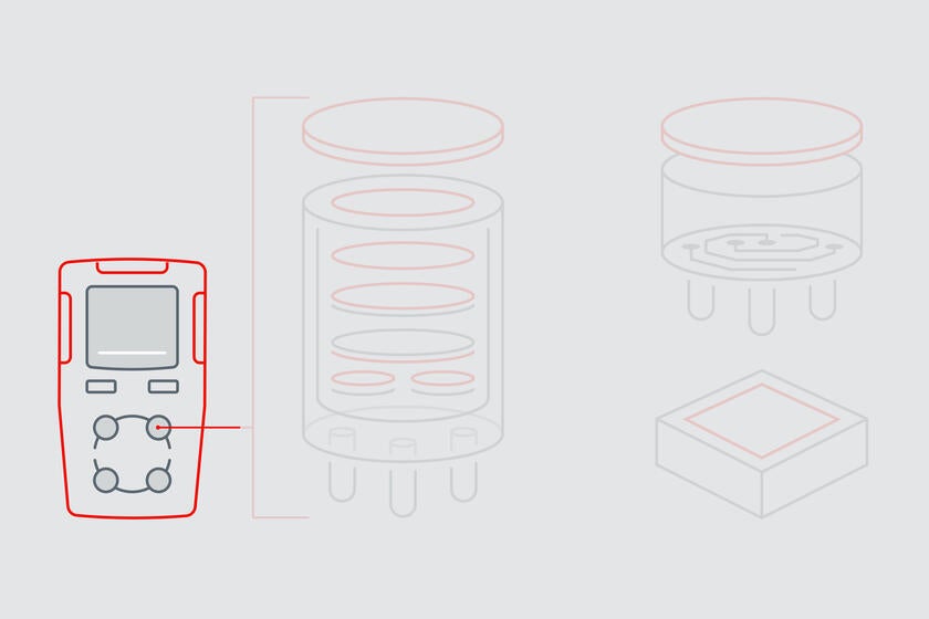 La infografía muestra el exterior de un dispositivo de detección de gas electroquímico para ilustrar la función protectora de los elementos de ventilación GORE® Protective Vents.