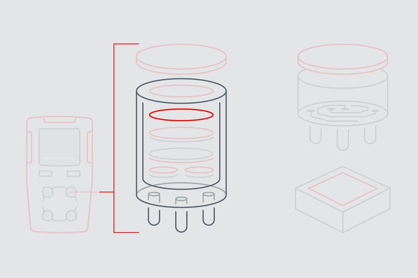 La infografía muestra la junta de estanqueidad que se emplea como sellado adicional en la pila del sensor de gas electroquímico.