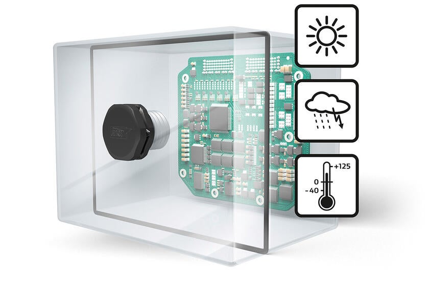 Con el fin de proteger la integridad de las carcasas y sus juntas, se muestra un elemento de ventilación GORE® Protective Vent montado en una carcasa que contiene una placa de circuitos.